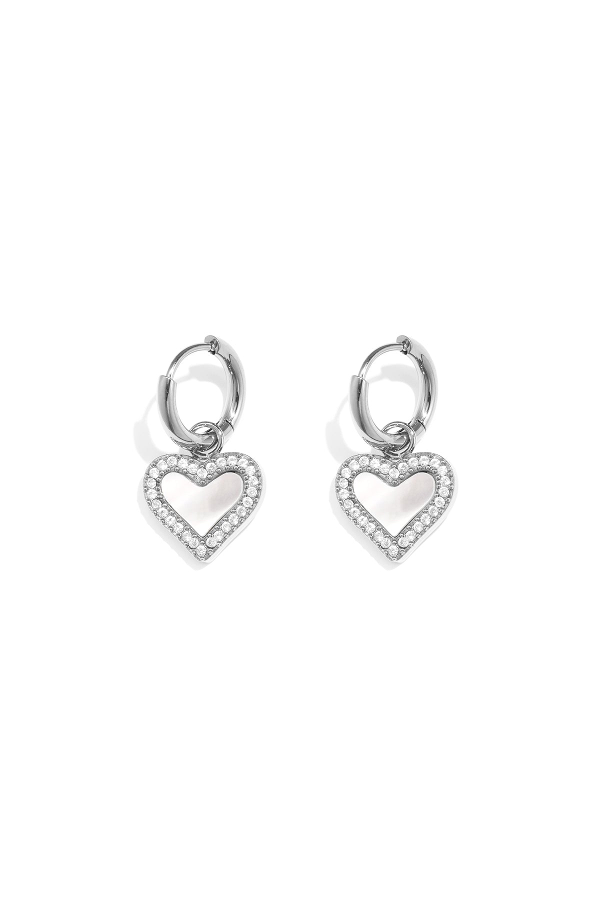 Earrings with dangling mother-of-pearl hearts