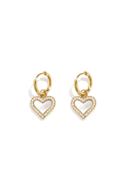 Earrings with dangling mother-of-pearl hearts